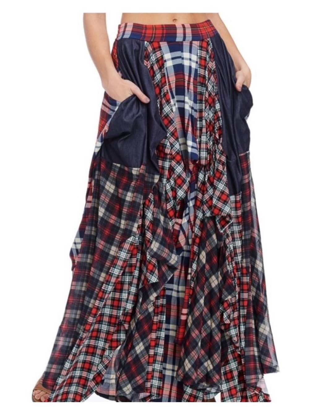 Kosmios Damsel Ruched Peasant Skirt Red Navy Plaid Maxi Small - Picture 2 of 6
